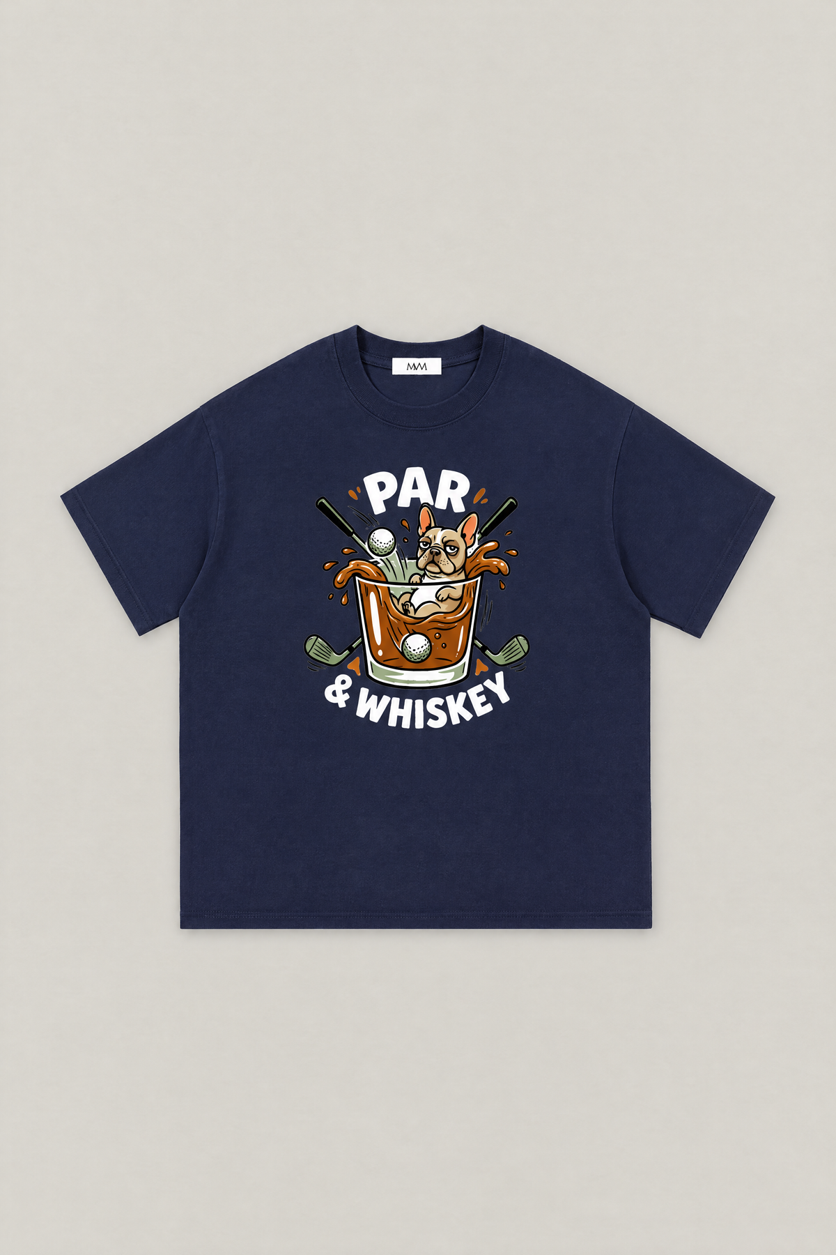 Par & Whiskey French Bulldog Splash Golf Tee in navy, flat lay front view. Color: Navy
