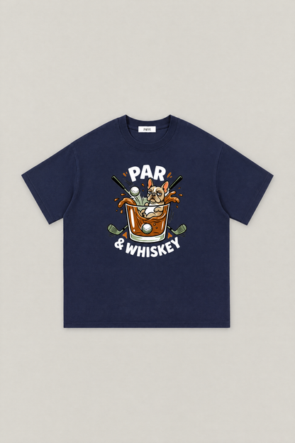 Par & Whiskey French Bulldog Splash Golf Tee in navy, flat lay front view. Color: Navy