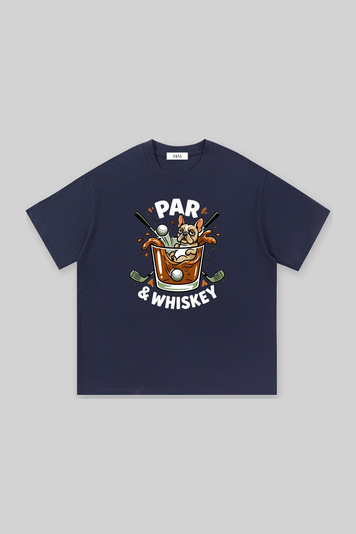 Par & Whiskey French Bulldog Splash Golf Tee in navy, front view