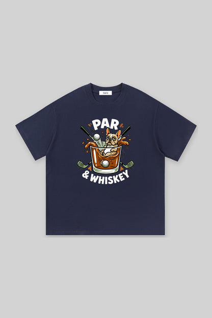 Par & Whiskey French Bulldog Splash Golf Tee in navy, front view