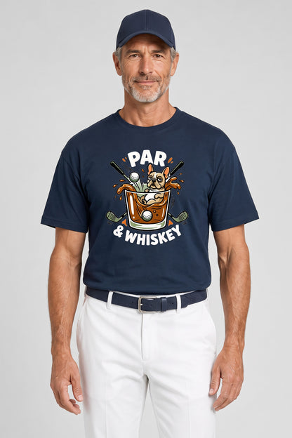 Man wearing the Par & Whiskey French Bulldog Splash Golf Tee in navy