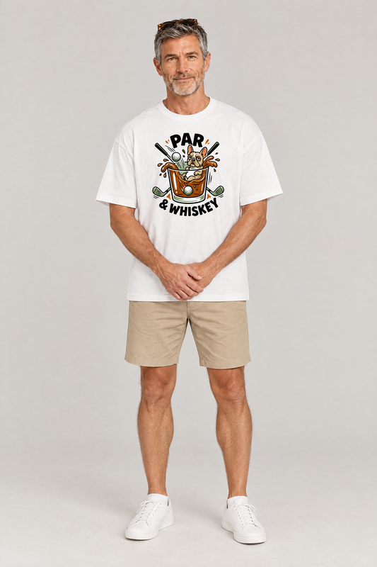 Man wearing the Par & Whiskey French Bulldog Splash Golf Tee in white with khaki golf shorts and sunglasses on his head. Color: White