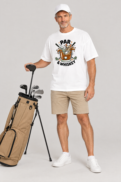 Man pulling a driver from a golf bag in the white Par & Whiskey French Bulldog Splash Golf Tee. Color: White