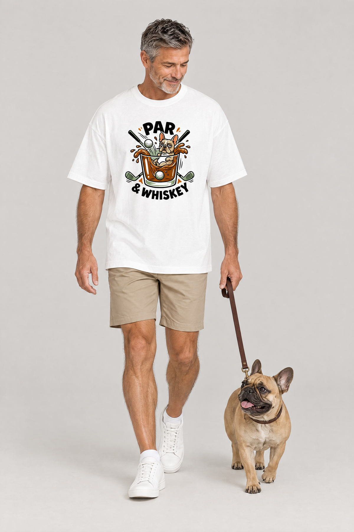 Man walking a French bulldog on a leash in the white Par & Whiskey French Bulldog Splash Golf Tee. Color: White