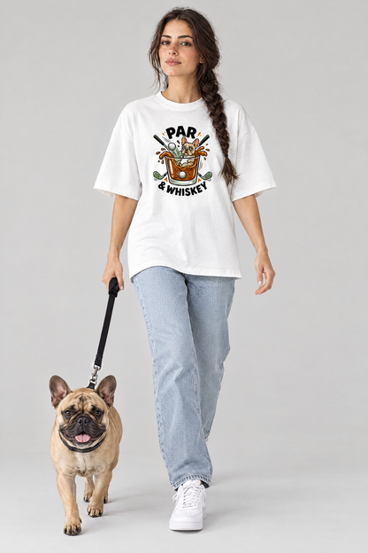 Woman walking a French bulldog on a leash in the white Par & Whiskey French Bulldog Splash Golf Tee. Color: White
