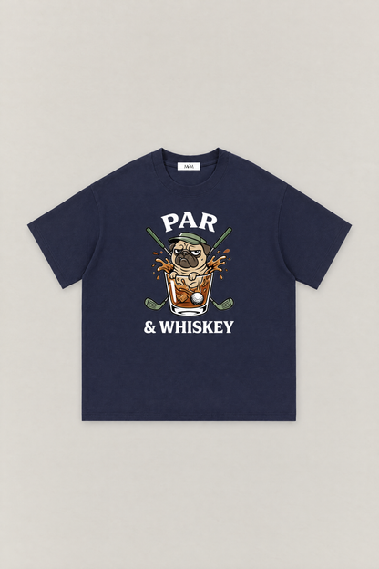 Par & Whiskey Pug Golf Tee in navy, flat lay front view. Color: Navy