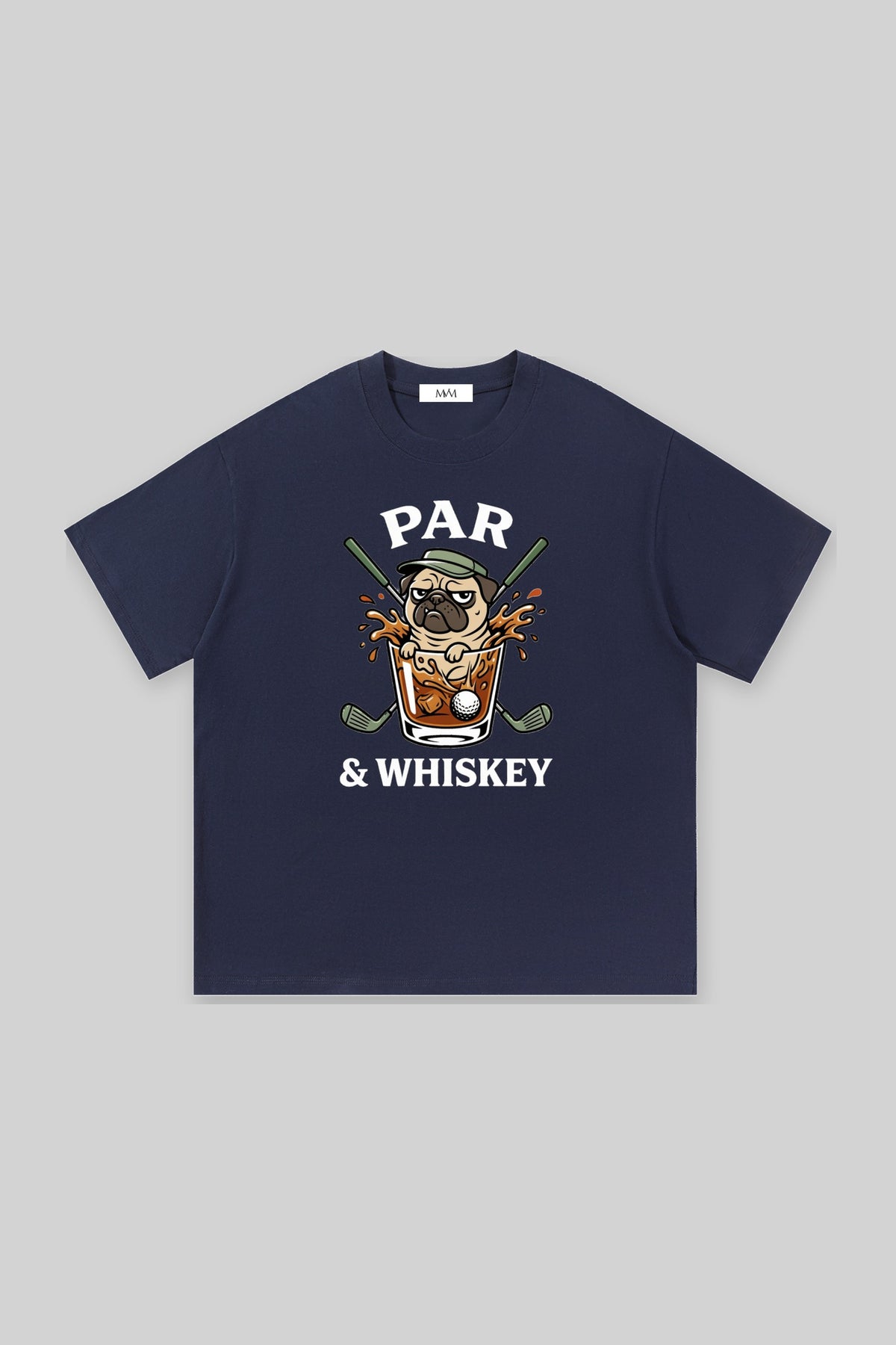 Par & Whiskey Pug Golf Tee in navy, front view
