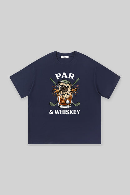 Par & Whiskey Pug Golf Tee in navy, front view