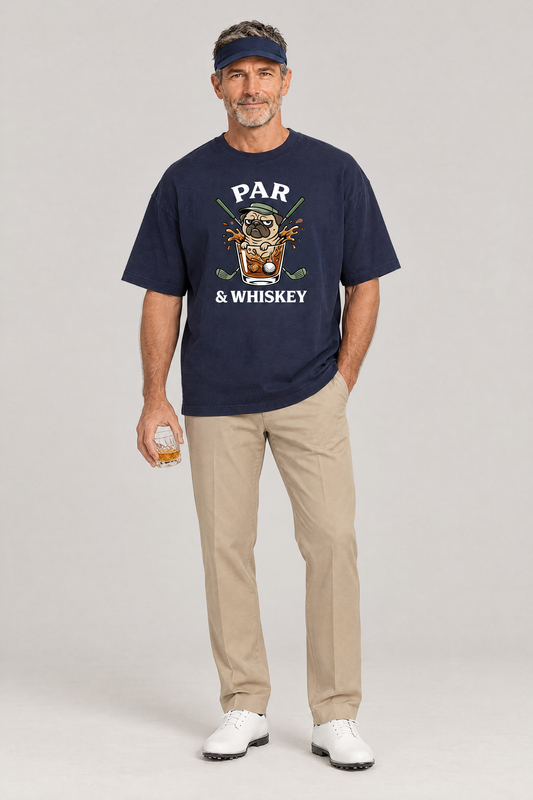 Man wearing the Par & Whiskey Pug Golf Tee in navy with khaki trousers, a golf visor and a whisky glass. Color: Navy