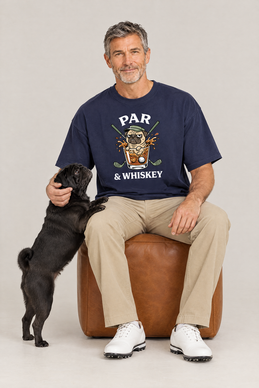 Man sitting on an ottoman with a black pug in the navy Par & Whiskey Pug Golf Tee. Color: Navy