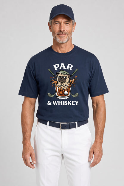 Man wearing the Par & Whiskey Pug Golf Tee in navy