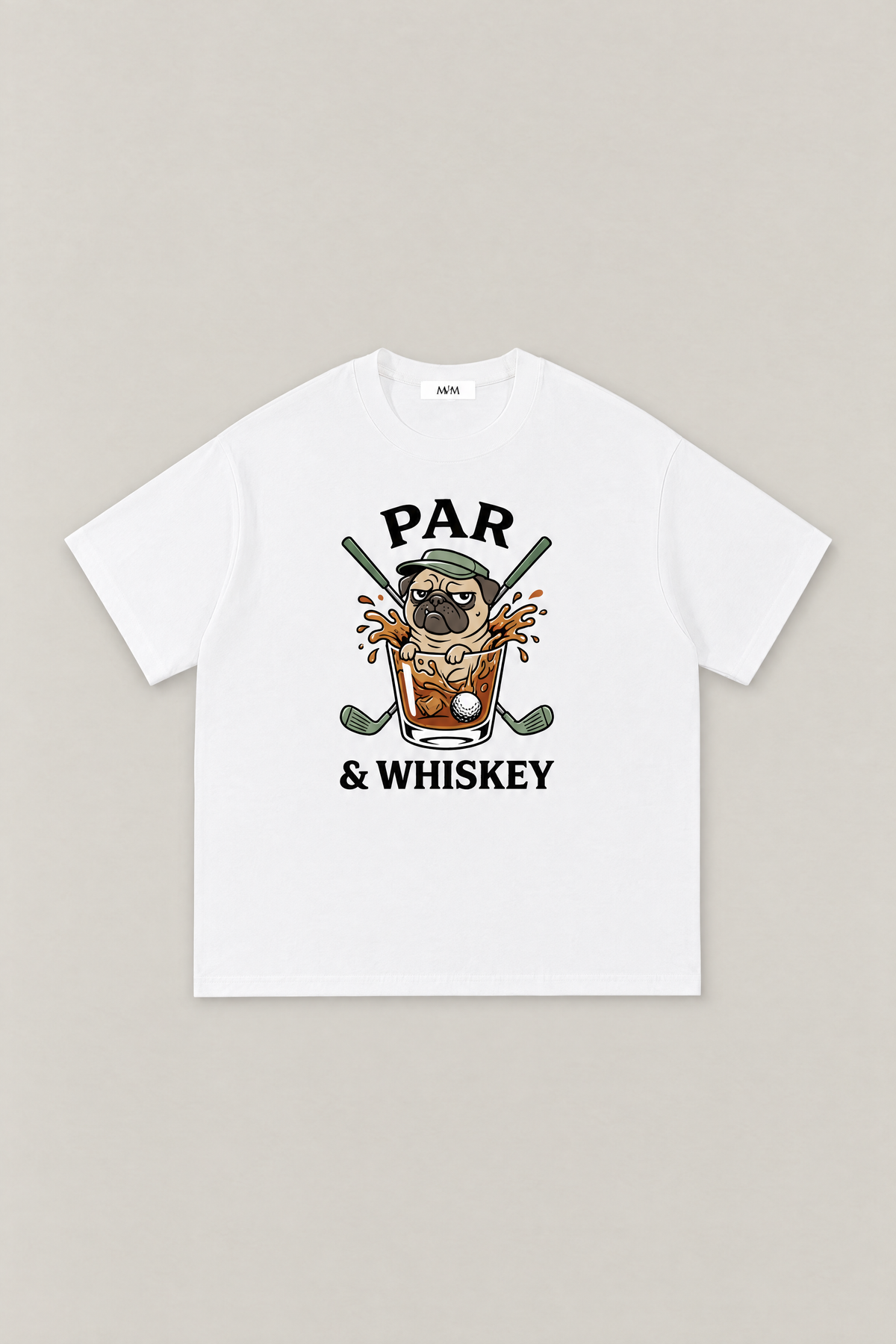 Par & Whiskey Pug Golf Tee in white, flat lay front view. Color: White