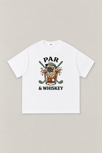 Par & Whiskey Pug Golf Tee in white, flat lay front view. Color: White