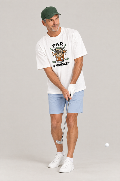 Man playing a chip shot in the white Par & Whiskey Pug Golf Tee. Color: White