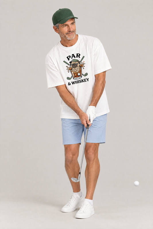Man playing a chip shot in the white Par & Whiskey Pug Golf Tee. Color: White