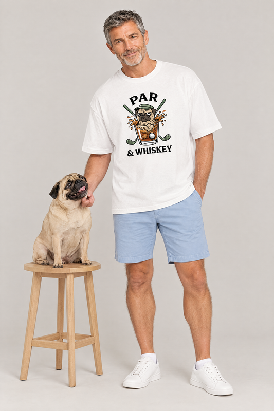 Man wearing the Par & Whiskey Pug Golf Tee in white with a pug on a wooden stool. Color: White