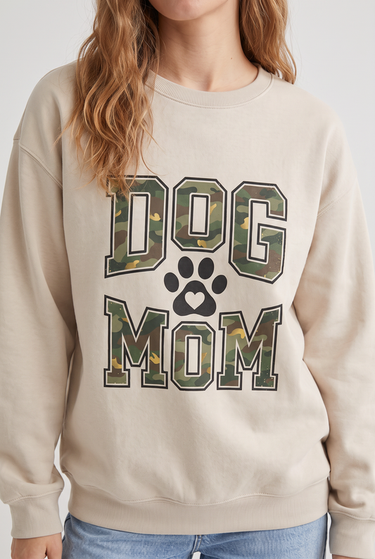 Close-up of the print on the Camo Dog Mom sweatshirt in sand. Color: Sand