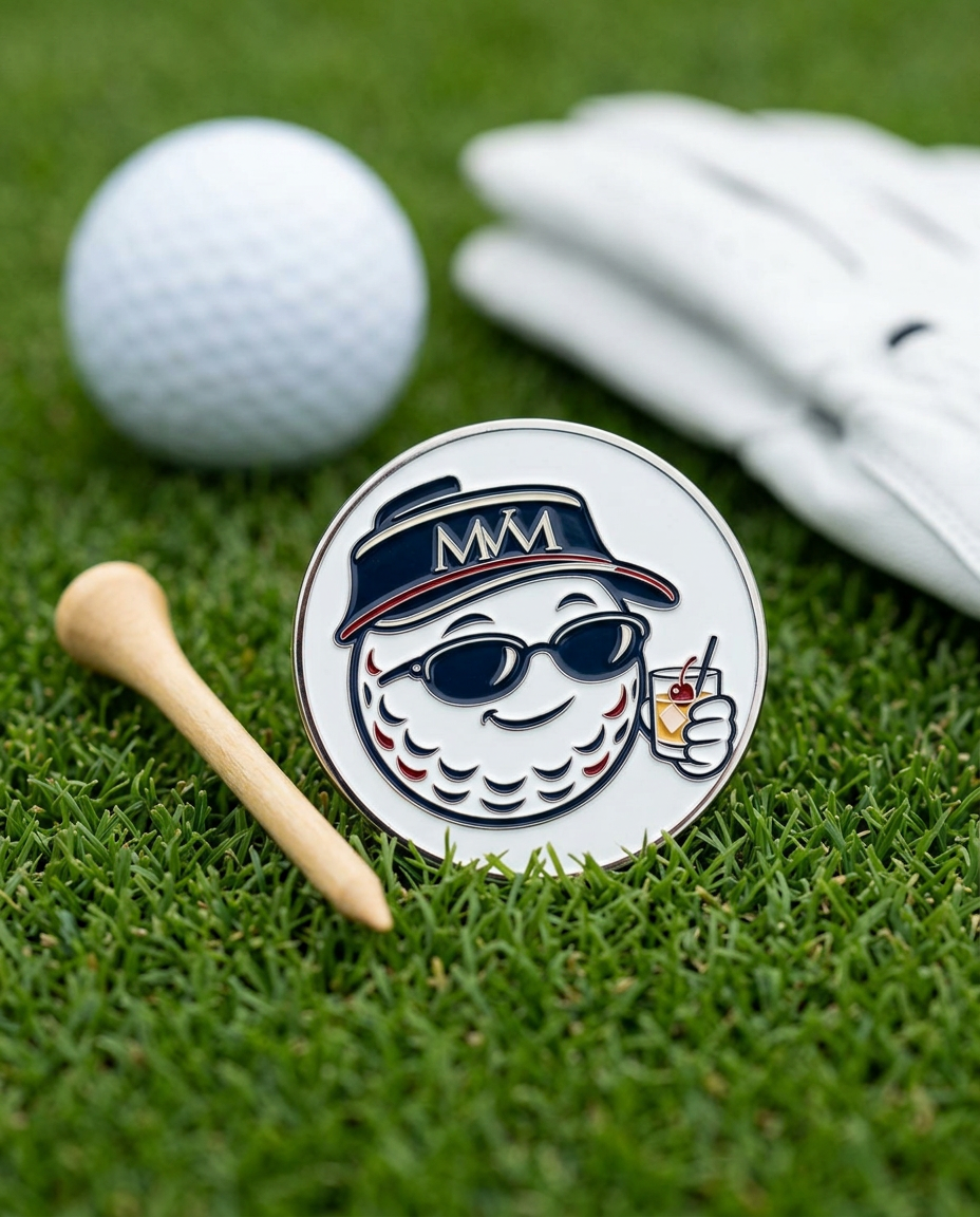 19th Hole golf ball marker in navy and burgundy print on grass with a wooden tee and golf glove