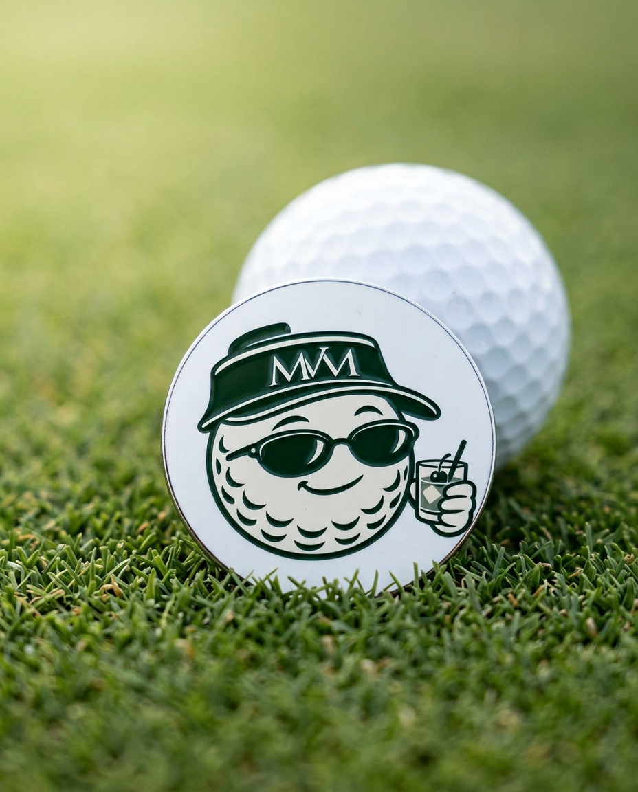 19th Hole golf ball marker in forest green and cream print on a putting green next to a golf ball