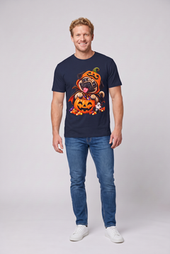 Man wearing a navy pug Halloween t-shirt with a pug in a pumpkin costume and candy bucket, front view
