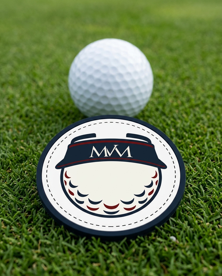 Visor Ball golf ball marker in navy and burgundy print on a putting green next to a golf ball