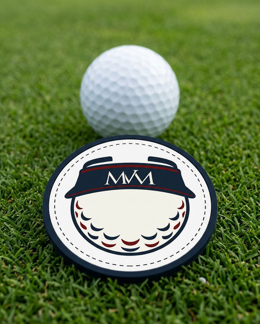 Visor Ball golf ball marker in navy and burgundy print on a putting green next to a golf ball