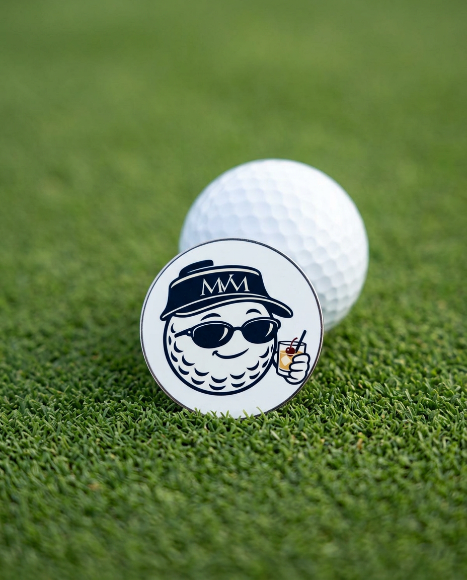 19th Hole golf ball marker in navy and cream print on a putting green next to a golf ball