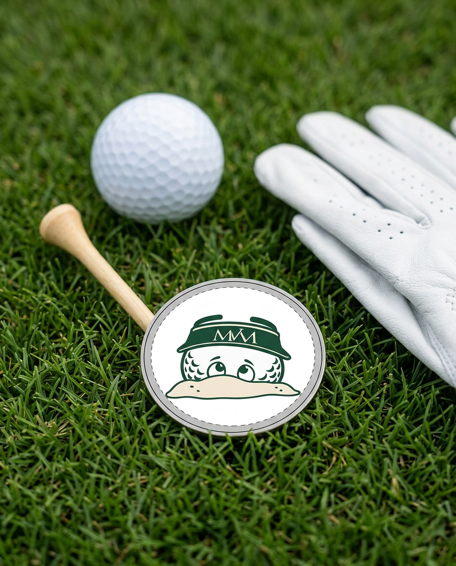 Bunker Buddy golf ball marker in forest green and cream print on grass with a wooden tee and golf glove