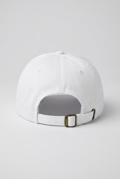 Color: White. White golf cap, back view with adjustable brass buckle strap