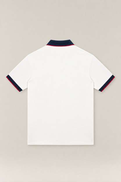 Club Crest color block polo in white with navy collar and cuffs, back view packshot. Color: White with Navy Blue