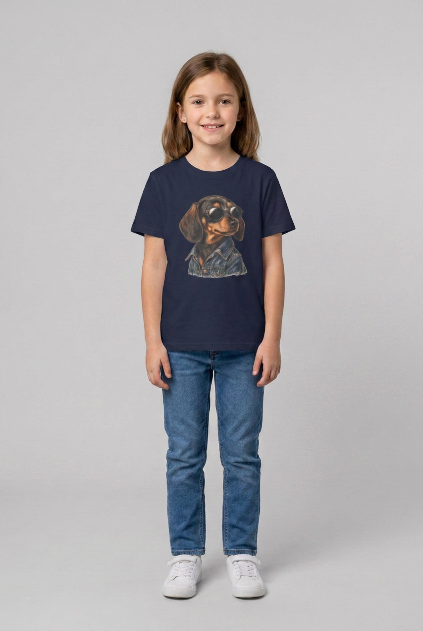 Mädchen trägt das navyblaue Dackel Kinder T-Shirt mit dem Hundemotiv auf der Brust
