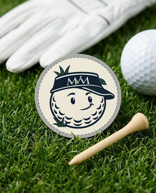 Rough Day golf ball marker in navy and cream print on grass with a wooden tee and golf glove
