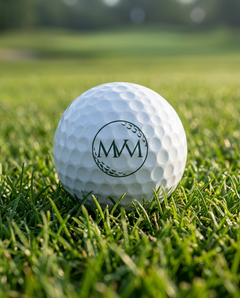 Pure Ball golf ball in forest green and cream print, close-up on green grass