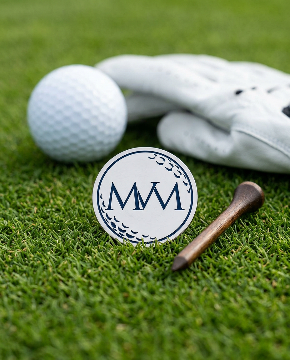 Pure Ball golf ball marker in navy and cream print on grass with a wooden tee and golf glove