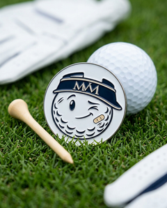 Mulligan golf ball marker in navy and cream print on grass with a wooden tee and golf glove