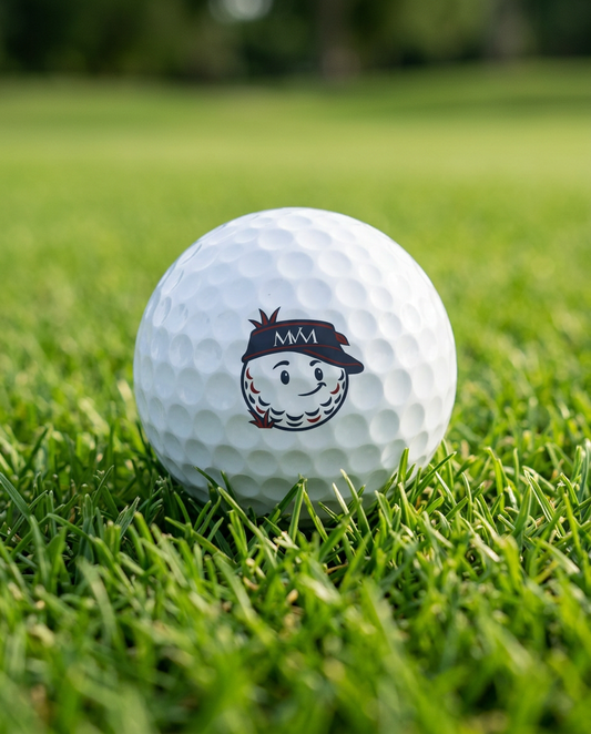 Rough Day golf ball in navy and burgundy print, close-up on green grass