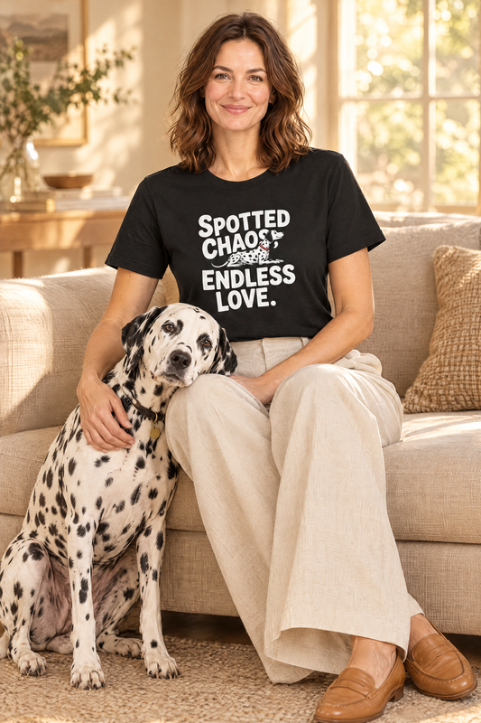 Woman in the black Spotted Chaos Dalmatian t-shirt on the sofa with her Dalmatian. Color: Black