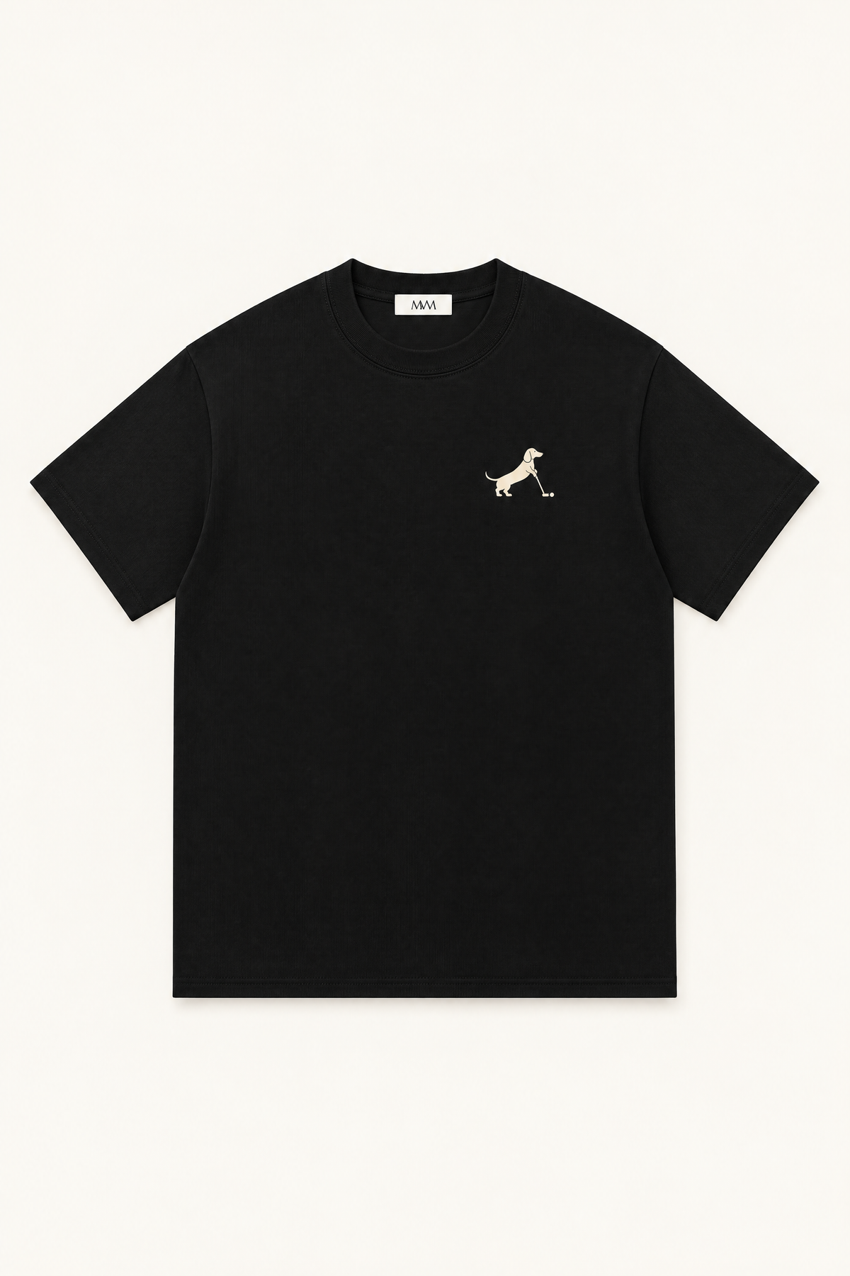Black Putting dachshund golf t-shirt laid flat, front view on warm off-white background. Color: Black