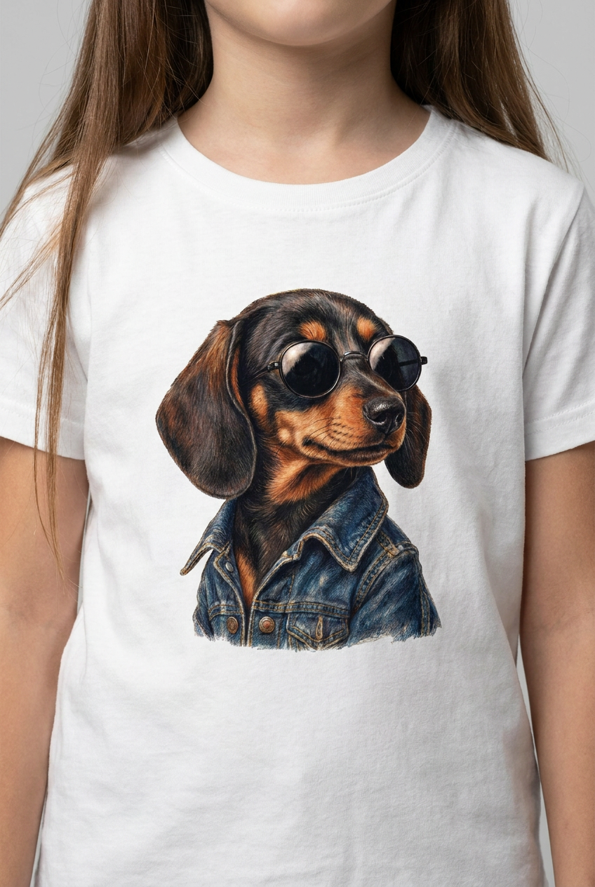Nahaufnahme des Dackel-Drucks mit runder Sonnenbrille und Jeansjacke auf dem weißen Kindershirt