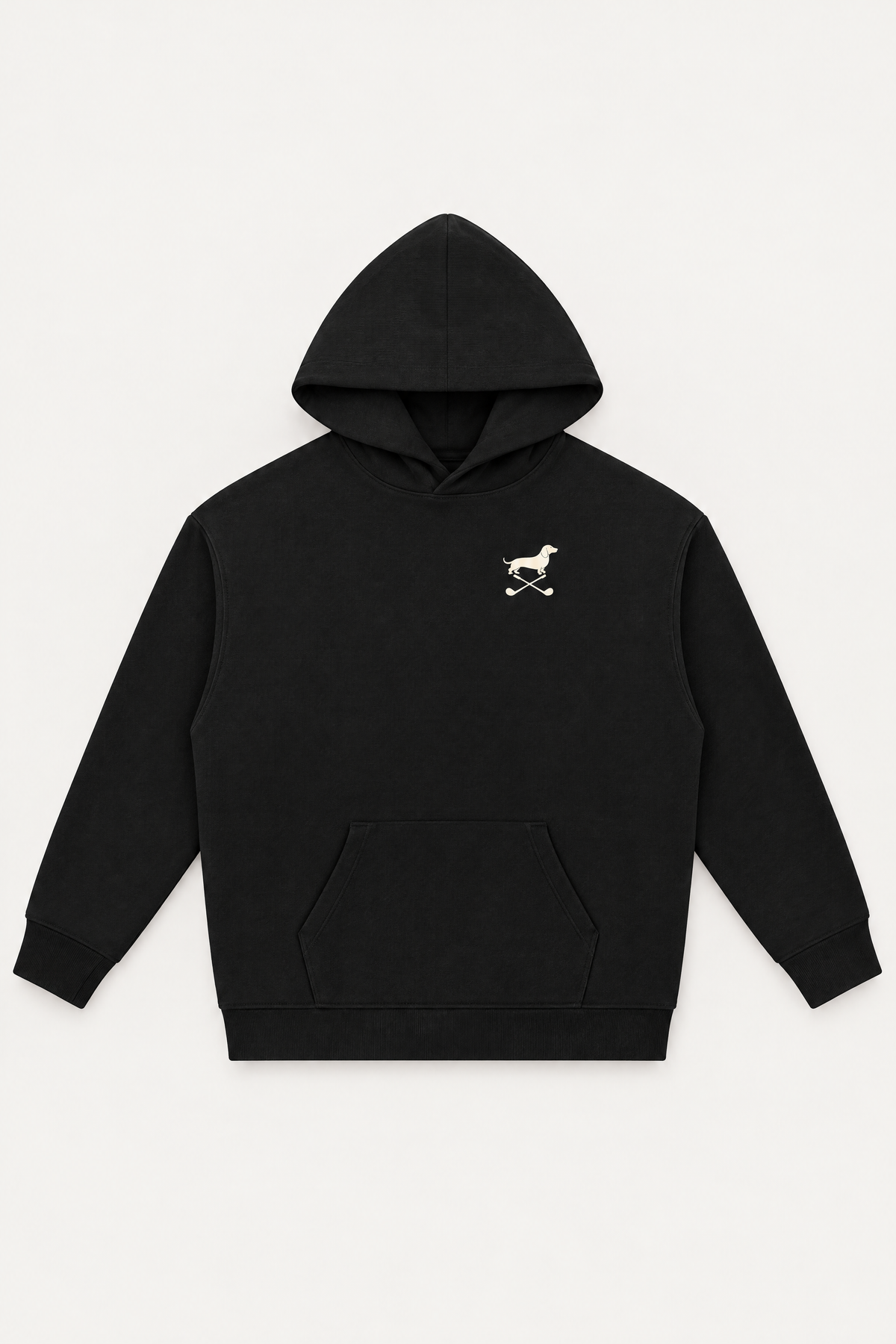Black Club & Swing dachshund golf hoodie laid flat, front view on warm off-white background. Color: Black