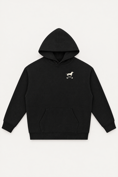 Black Club & Swing dachshund golf hoodie laid flat, front view on warm off-white background. Color: Black