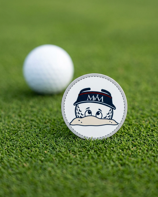 Bunker Buddy golf ball marker in navy and burgundy print on a putting green next to a golf ball