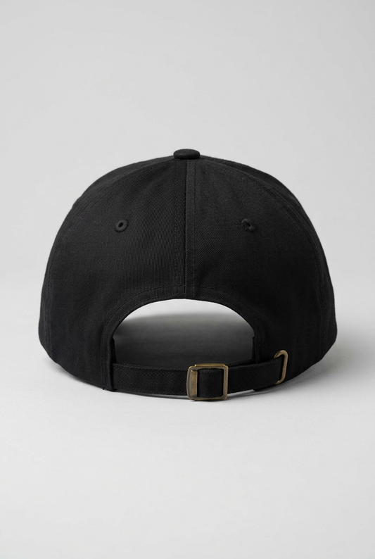 Color: Black. Black golf cap, back view with adjustable brass buckle strap
