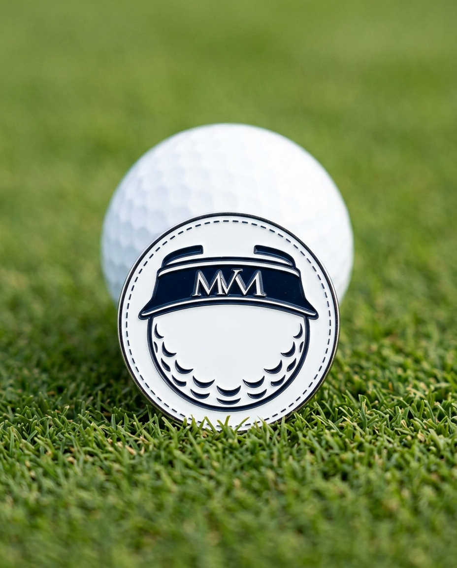 Visor Ball golf ball marker in navy and cream print on a putting green next to a golf ball