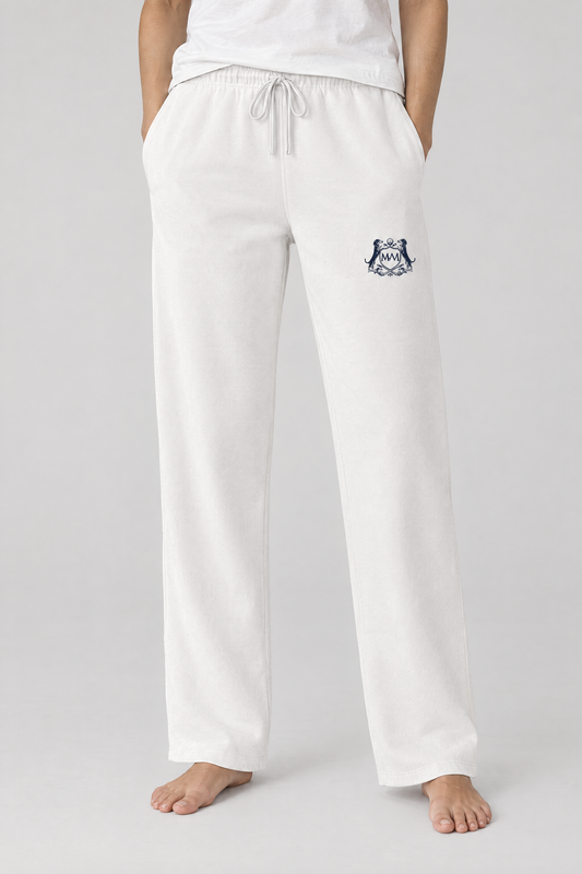 Lower body view of white straight-leg Club Crest sweatpants with the small navy crest on the upper thigh