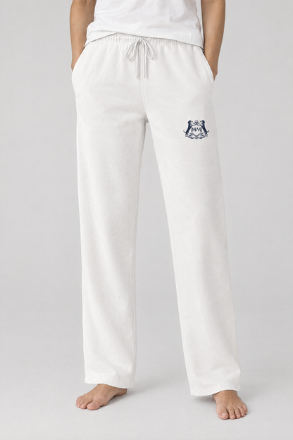 Lower body view of white straight-leg Club Crest sweatpants with the small navy crest on the upper thigh