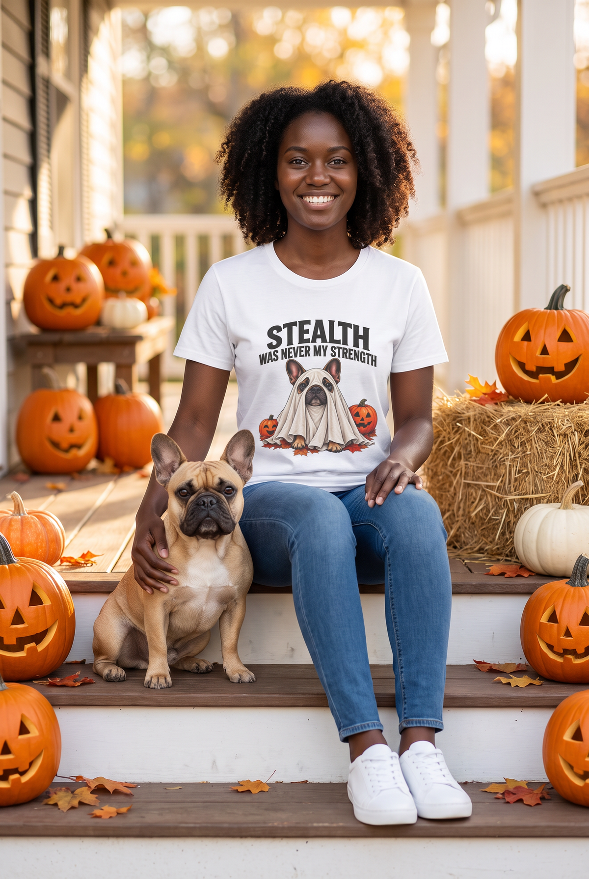 Frau im Französische Bulldogge Halloween T-Shirt in Weiss mit Frenchie-Gespenst und dem Spruch Stealth Was Never My Strength, auf einer Herbstveranda mit einer Französischen Bulldogge und Kürbissen