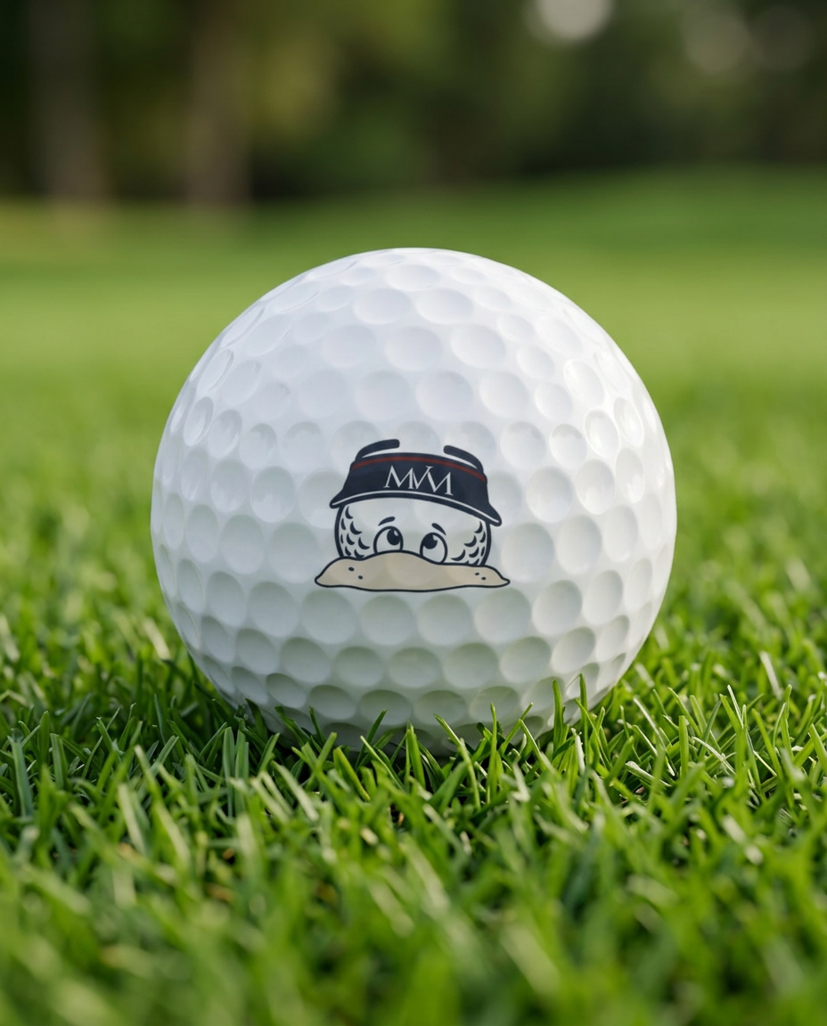 Bunker Buddy golf ball in navy and burgundy print, close-up on green grass