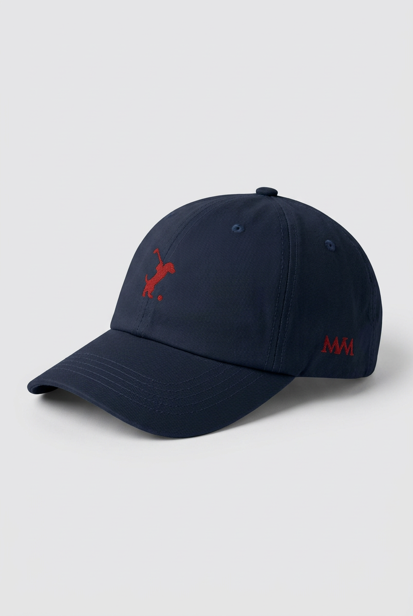 Color: Navy. Golf cap, angled side view with burgundy Swing dachshund and MVM monogram