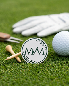 Pure Ball golf ball marker in forest green and cream print on grass with a wooden tee and golf glove